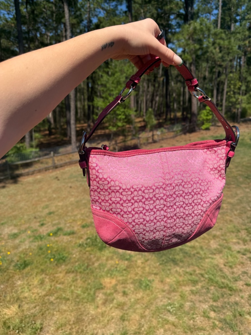 Coach Pink Signature Suede Hobo - Picture 3 of 7